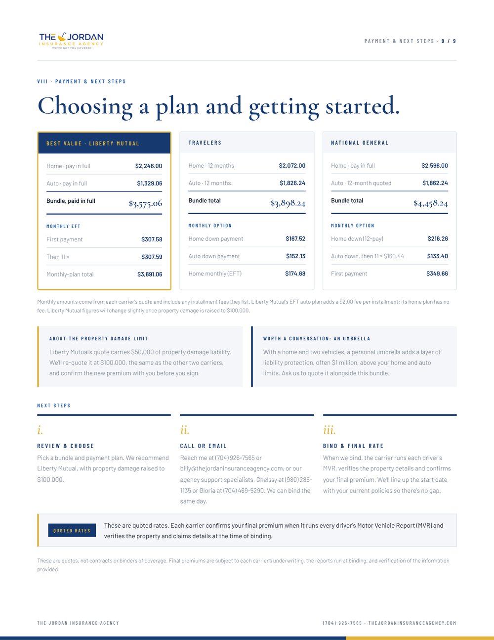 Sample proposal page with payment options and next steps